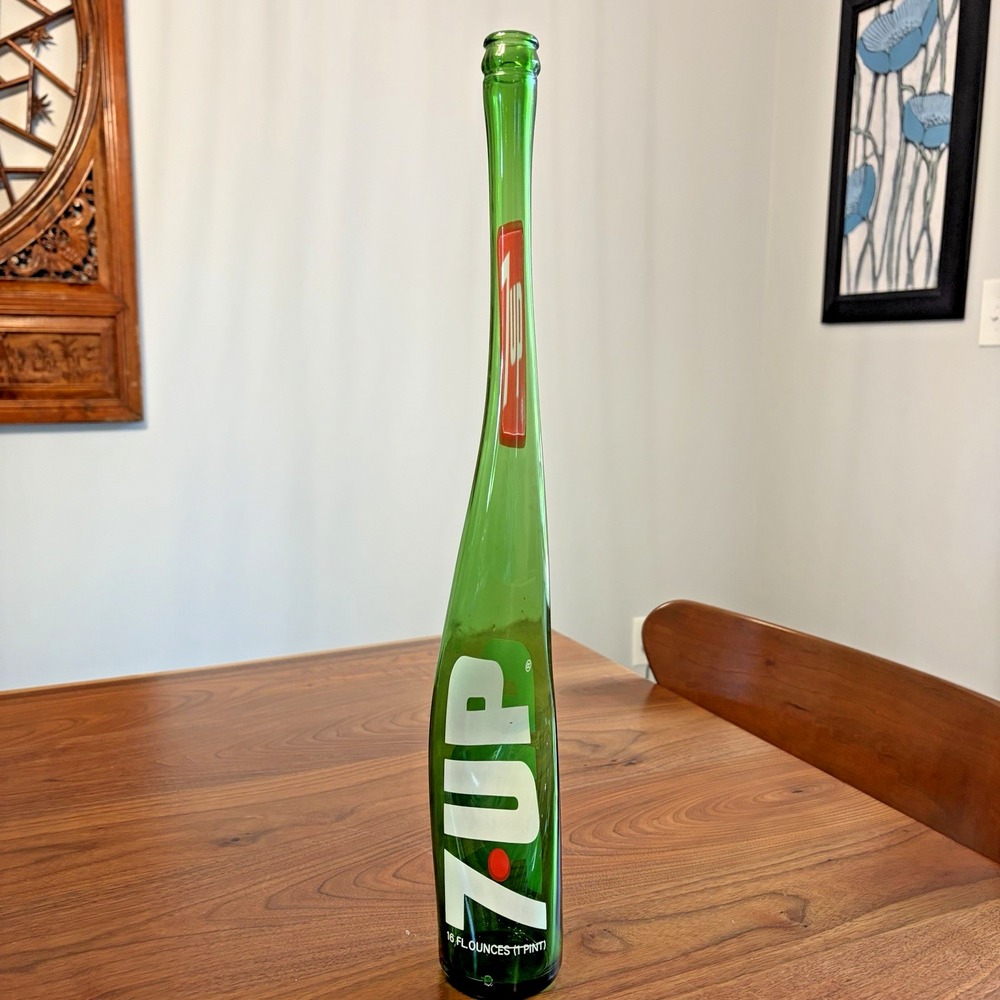 Vintage 7UP Stretched Soda Green Glass Stretched Art 16 oz Bottle 19"